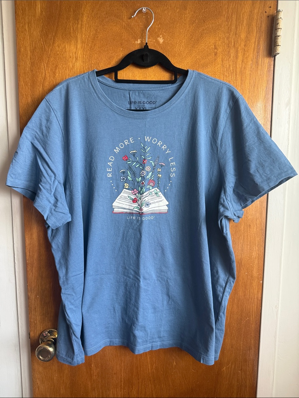 Life Is Good Blue Tee with Book & Floral Graphic